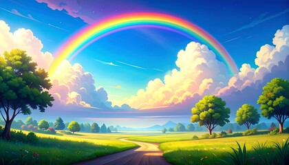 A vibrant, idyllic landscape with a rainbow