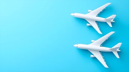 Fototapeta premium Airplanes in flight blue background 3d models digital art aerial view aviation concept