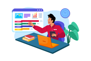 Person At Desk With Laptop Red Shirt And Books Working On Business Graphics In A Transparent Background Illustration