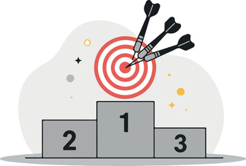 Success podium with darts hitting the target representing achievement.