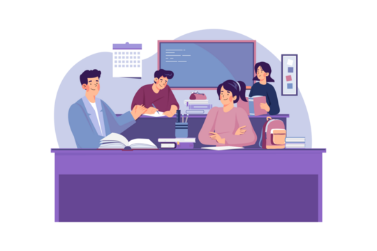 Classroom Scene Featuring Students and Teacher at Desk with Books Calendar and Board in Flat Illustration Style on Transparent Background