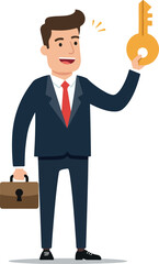 Successful businessman holding a golden key and briefcase ready for success.