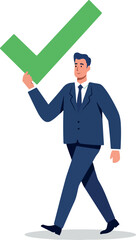 Successful businessman confidently holding a large green checkmark symbol.