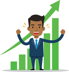 Successful businessman celebrates growth and achievement with upward trend.