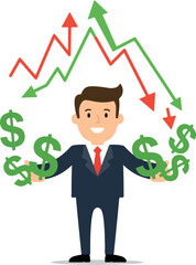 Successful businessman holding dollar signs with financial growth charts.
