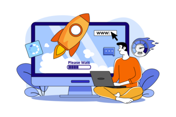 Person Using Laptop Near Big Computer Screen with a Rocket Launching Vector Illustration with Transparent Background
