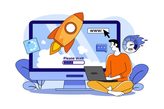 Person Using Laptop Near Big Computer Screen with a Rocket Launching Vector Illustration with Transparent Background
