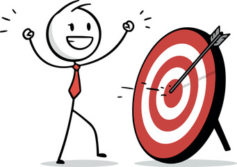 Successful stick figure celebrates hitting the bullseye target with an arrow.
