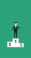 Successful businessman stands on the podium celebrating victory and achievement.