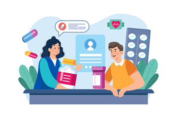 Pharmacist Consulting Patient at Pharmacy with Transparent Background with Bottle of Pills Heart Rate Monitor and Prescription Pad in Blue Tones