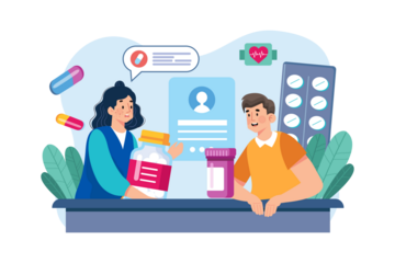 Pharmacist Consulting Patient at Pharmacy with Transparent Background with Bottle of Pills Heart Rate Monitor and Prescription Pad in Blue Tones