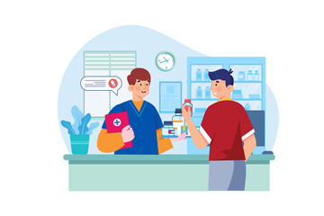 Pharmacist Consulting with Patient at Pharmacy Counter with Medicine Bottles Red Shirt and Transparent Background