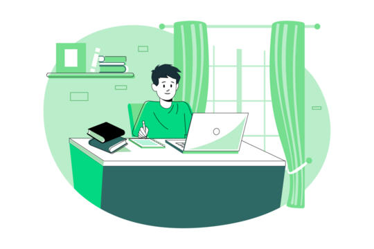 Person Working on Laptop at Desk with Green Accents and White Background With Curtain and Window