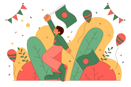 Person Waving Bangladesh Flag Surrounded by Festive Decorations on Transparent Background Celebrating National Holiday