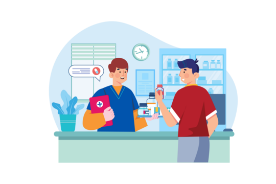 Pharmacist Consulting with Patient at Pharmacy Counter with Medicine Bottles Red Shirt and Transparent Background