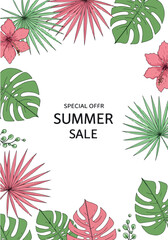 Summer sale advertisement with tropical leaves and flowers for special offers.