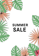 Summer Sale Advertisement with Tropical Leaves and Floral Elements.