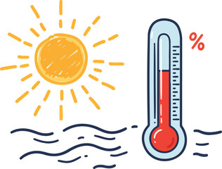 Sun and thermometer showing high temperature and humidity levels on a hot day.