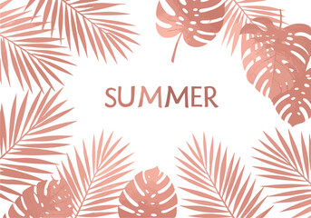 Summer tropical leaves frame design with rose gold color and white background.