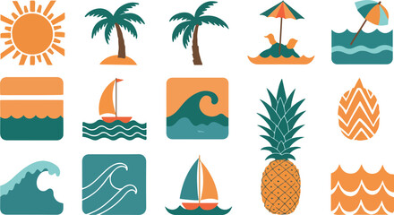 Summer vacation icons set with sun palm trees waves and pineapple.