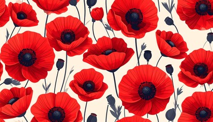 A vibrant, seamless pattern of detailed red poppies on a light beige background