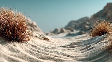 Minimal desert sand surface at foreground with soft blurred horizon, leaving 75% empty space ideal for lifestyle products, wellness items, eco-friendly mockups, and clean branding visuals.