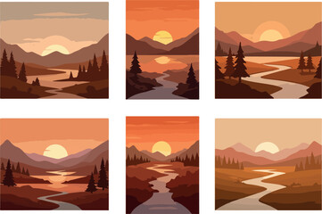 Sunset over mountains and river landscape scenery illustration.