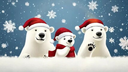 A cute polar bear family wearing Santa hats and a red scarf, sitting together in the snow. Snowflakes gently fall from the sky. - Powered by Adobe