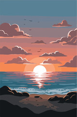 Sunset over the ocean with the sun reflecting on the water.