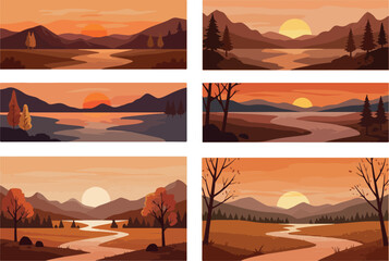 Sunset over the river landscape with mountains and trees.