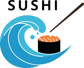 Sushi roll with chopsticks and ocean wave logo design for Japanese restaurant.
