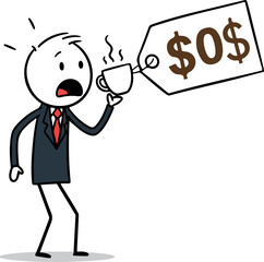 Surprised businessman holding coffee cup with zero dollar price tag.