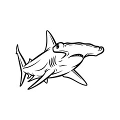 A silhouette of a hammerhead shark line art tattoo. Handdrawn ocean predator outline sketch.