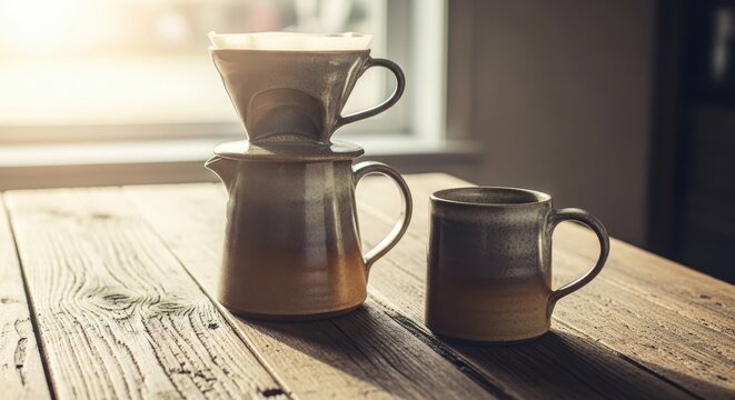Photo of sustainability a closeup shot of a pourover coffee maker and two ceramic mugs on a rustic wooden table, bathed in warm sunlight, emphasizing the art and ritual of brewing specialty coffee