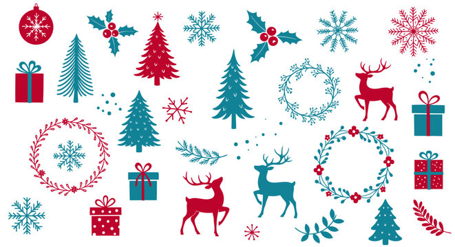 Festive Holiday Icons Christmas Trees, Reindeer, Wreaths, Gifts, and Snowflakes for Seasonal Designs