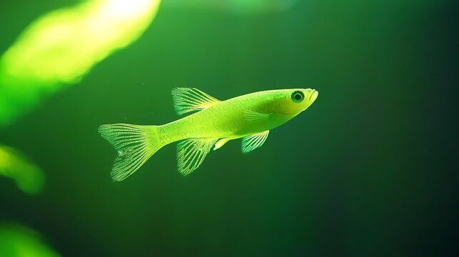 A small, vibrant green glowfish swims gracefully in a dimly lit aquarium