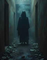 A hooded figure stands alone in a dark corridor. A black shadow stands at a door. A beam of light shines through the shadows. Dementor
