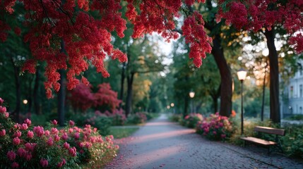 Scenic Pathway Through Park with Red Autumn Foliage and Lush Greenery Illuminated by Soft Golden Light