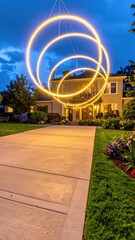 Illuminated circular light installation in front of a suburban house at twilight.