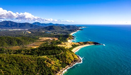 Fototapeta premium Coastal landscape panorama, featuring mountains, forests, beach, and ocean