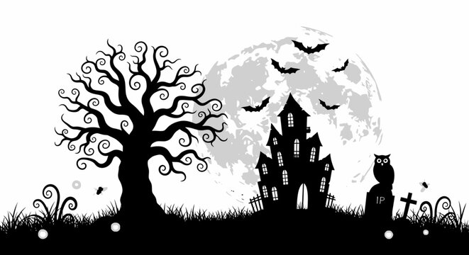 Halloween Night Scene with Spooky House, Full Moon, Bats, and Silhouette Elements