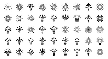 Black and White Set of Fireworks Icons for Various Design and Festive Occasions