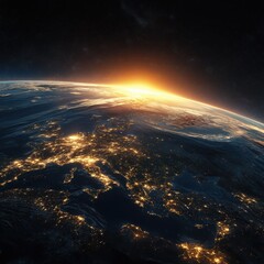 Stunning sunrise over illuminated Earth cityscape, showcasing global connectivity and modern civilization thriving from space