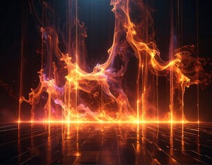 Abstract fiery pillars on a reflective floor