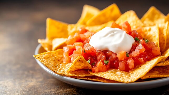 Delicious nachos topped with fresh salsa and sour cream on a plate