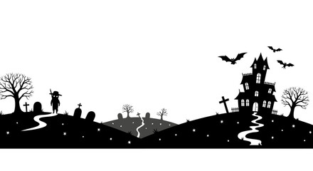 Spooky Halloween Landscape Silhouette of a Haunted House, Cemetery, and Bats in the Night