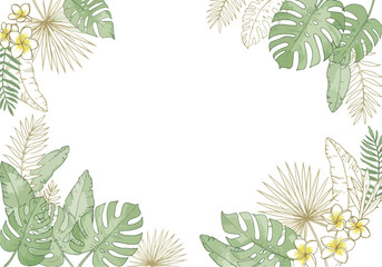 Naklejka premium Tropical leaves and flowers frame a white background for design.