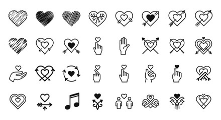 Collection of Line Art Heart Icons for Love, Romance, and Valentine's Day Design