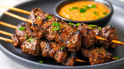 Juicy grilled beef steak skewers with a savory dipping sauce, garnished with green onions