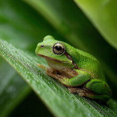 Obraz premium Vibrant Green Tree Frog on Wet Leaf with Dew Drops